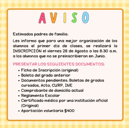 Aviso de Inscripción Ciclo Escolar 2026-2027: Alumnos sin Preinscripción en Junio